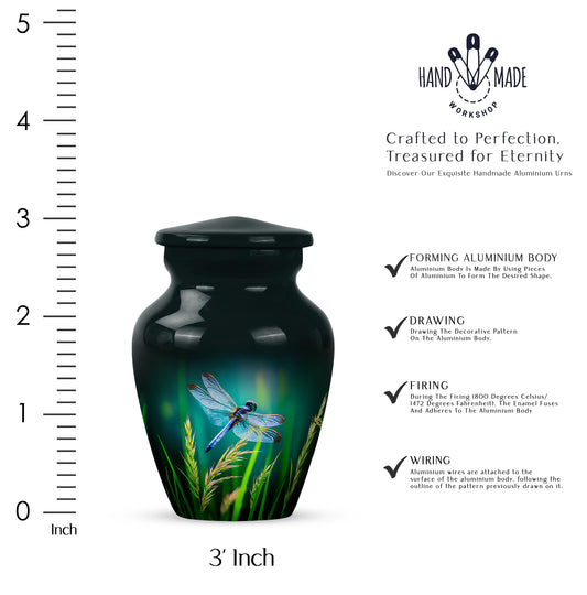 Mystic Teal Dragonfly Cremation Urn close-up of engraving and surface detail - traditional dragonfly engraving with hand-polished finish - mini keepsake memorial for portion of cremation ashes