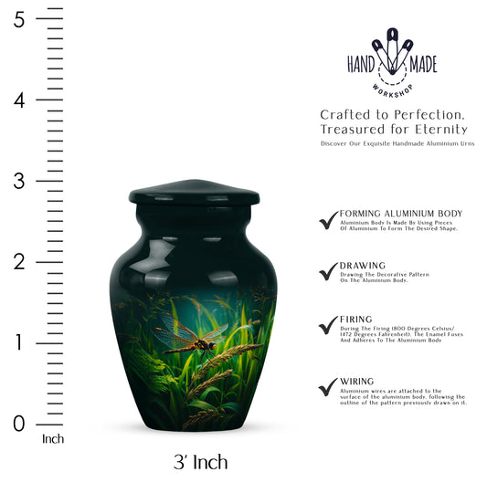 Charcoal Black Dragonfly Cremation Urn close-up of engraving and surface detail - elegant classic dragonfly relief with fine detailing - mini keepsake memorial for portion of cremation ashes