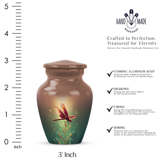Matte Gold Dragonfly Cremation Urn close-up of engraving and surface detail - elegant classic dragonfly relief with fine detailing - mini keepsake memorial for portion of cremation ashes