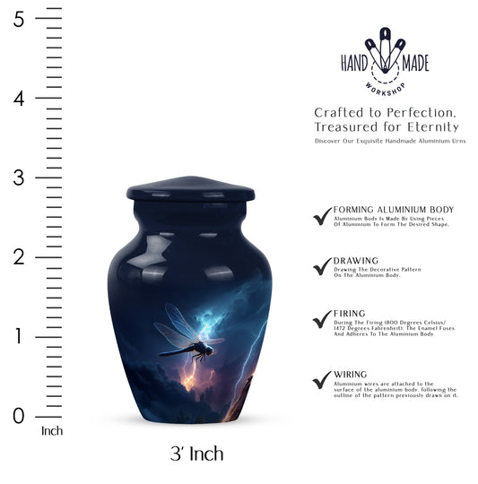Pastel Blue Dragonfly Cremation Urn close-up of engraving and surface detail - timeless dragonfly motif etched into premium metal - mini keepsake memorial for portion of cremation ashes
