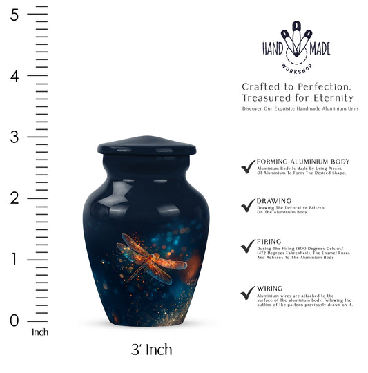 Twilight Blue Dragonfly Cremation Urn close-up of engraving and surface detail - elegant classic dragonfly relief with fine detailing - mini keepsake memorial for portion of cremation ashes