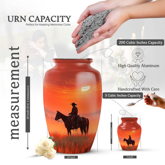 Cherry Red Cowboy Cremation Urn close-up of engraving and surface detail - traditional cowboy engraving with hand-polished finish - mini keepsake memorial for portion of cremation ashes