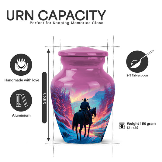 Dusty Pink Cowboy Cremation Urn close-up of engraving and surface detail - elegant classic cowboy relief with fine detailing - mini keepsake memorial for portion of cremation ashes