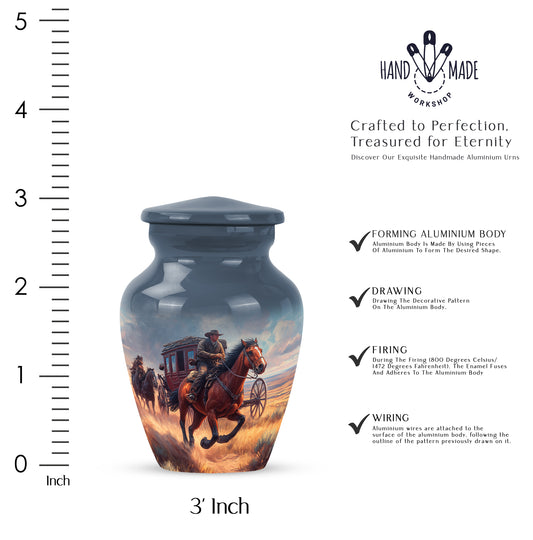 Navy Blue Cowboy Cremation Urn close-up of engraving and surface detail - classic sculpted cowboy pattern on smooth aluminum - mini keepsake memorial for portion of cremation ashes