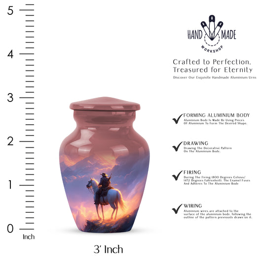 Garnet Red Cowboy Cremation Urn close-up of engraving and surface detail - timeless cowboy motif etched into premium metal - mini keepsake memorial for portion of cremation ashes