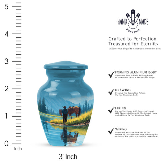 Twilight Blue Cowboy Cremation Urn close-up of engraving and surface detail - traditional cowboy engraving with hand-polished finish - mini keepsake memorial for portion of cremation ashes