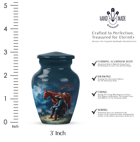 Misty Blue Cowboy Cremation Urn close-up of engraving and surface detail - classic sculpted cowboy pattern on smooth aluminum - mini keepsake memorial for portion of cremation ashes