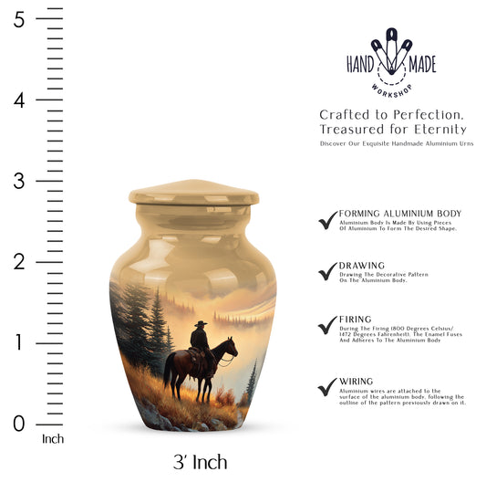 Champagne Gold Cowboy Cremation Urn close-up of engraving and surface detail - classic sculpted cowboy pattern on smooth aluminum - mini keepsake memorial for portion of cremation ashes