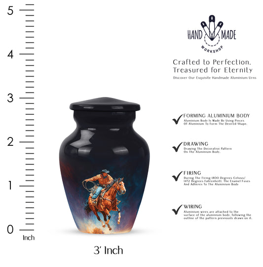 Onyx Black Cowboy Cremation Urn close-up of engraving and surface detail - elegant classic cowboy relief with fine detailing - mini keepsake memorial for portion of cremation ashes