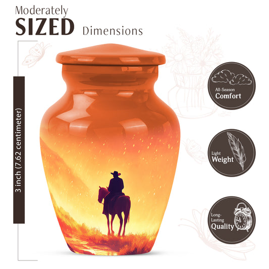 Champagne Gold Cowboy Cremation Urn close-up of engraving and surface detail - classic sculpted cowboy pattern on smooth aluminum - mini keepsake memorial for portion of cremation ashes