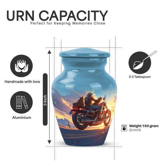 Steel Blue Bike Cremation Urn close-up of engraving and surface detail - elegant classic bike relief with fine detailing - mini keepsake memorial for portion of cremation ashes