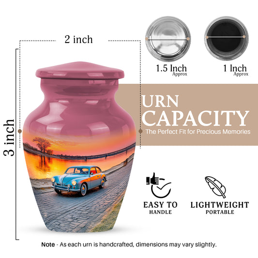 Coral Pink Car Cremation Urn close-up of engraving and surface detail - timeless car motif etched into premium metal - mini keepsake memorial for portion of cremation ashes
