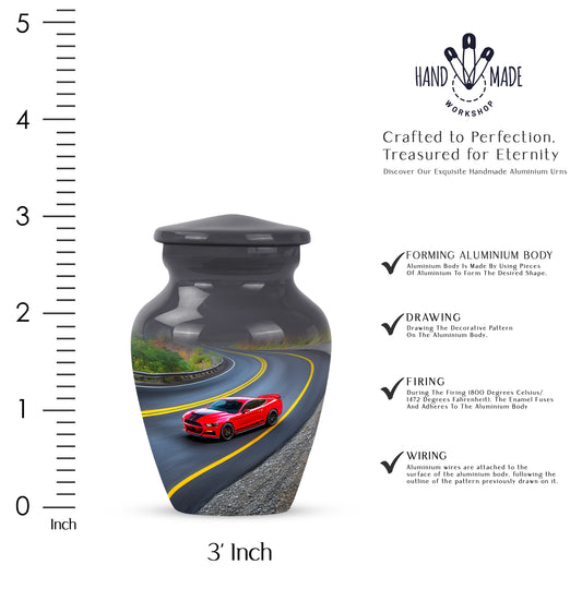 Obsidian Black Car Cremation Urn close-up of engraving and surface detail - traditional car engraving with hand-polished finish - mini keepsake memorial for portion of cremation ashes
