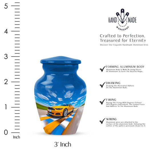 Slate Blue Car Cremation Urn close-up of engraving and surface detail - timeless car motif etched into premium metal - mini keepsake memorial for portion of cremation ashes