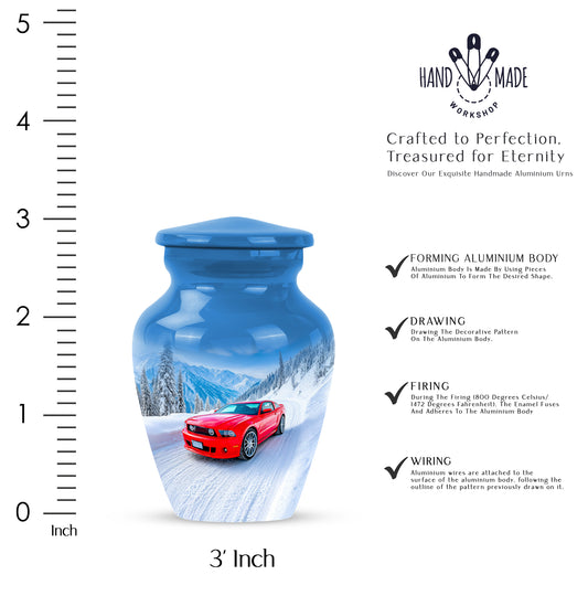 Icy Blue Car Cremation Urn close-up of engraving and surface detail - timeless car motif etched into premium metal - mini keepsake memorial for portion of cremation ashes
