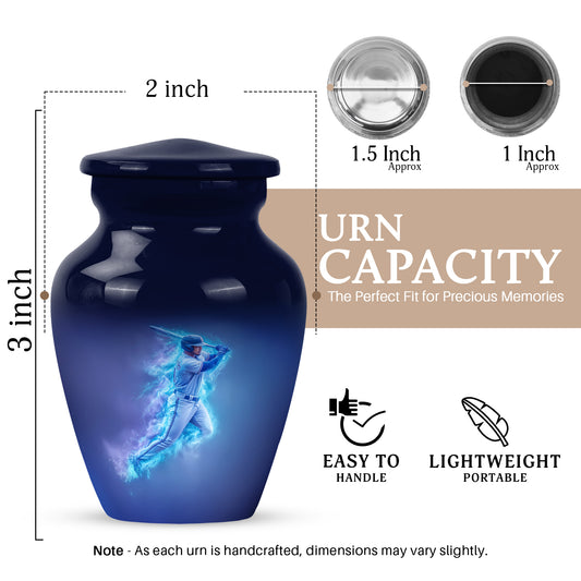 Pastel Blue Baseball Cremation Urn close-up of engraving and surface detail - timeless baseball motif etched into premium metal - mini keepsake memorial for portion of cremation ashes