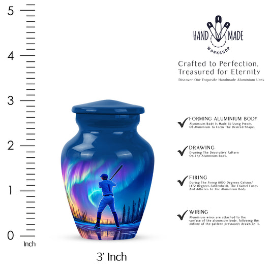 Misty Blue Baseball Cremation Urn close-up of engraving and surface detail - timeless baseball motif etched into premium metal - mini keepsake memorial for portion of cremation ashes