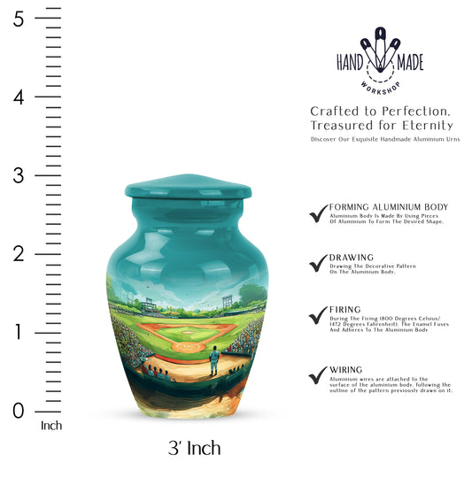 Sea Green Teal Baseball Cremation Urn close-up of engraving and surface detail - timeless baseball motif etched into premium metal - mini keepsake memorial for portion of cremation ashes
