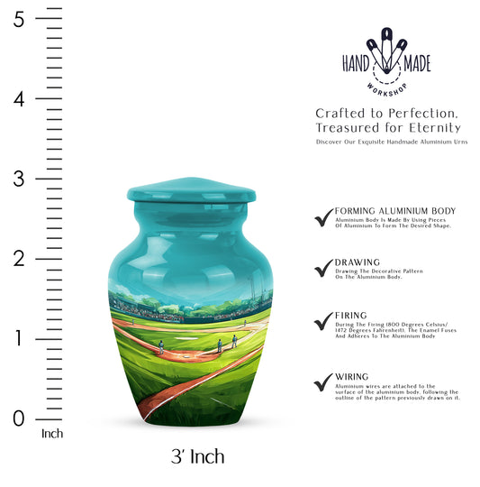 Aqua Teal Baseball Cremation Urn close-up of engraving and surface detail - traditional baseball engraving with hand-polished finish - mini keepsake memorial for portion of cremation ashes