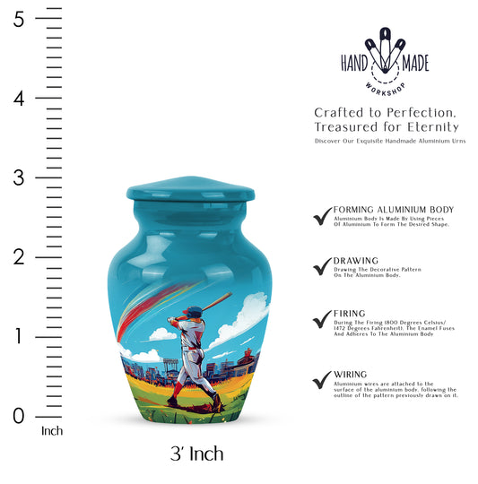 Aqua Teal Baseball Cremation Urn close-up of engraving and surface detail - elegant classic baseball relief with fine detailing - mini keepsake memorial for portion of cremation ashes