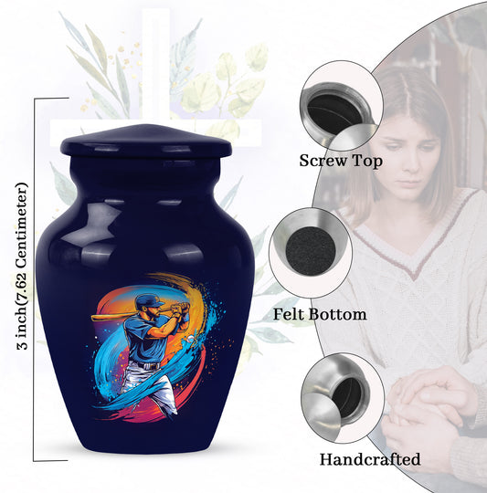 Sky Blue Baseball Cremation Urn close-up of engraving and surface detail - timeless baseball motif etched into premium metal - mini keepsake memorial for portion of cremation ashes