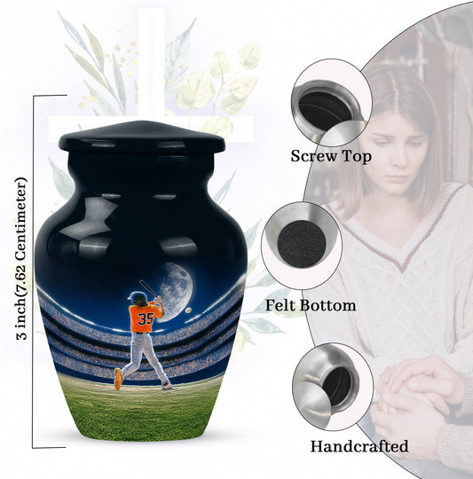 Indigo Baseball Cremation Urn close-up of engraving and surface detail - classic sculpted baseball pattern on smooth aluminum - mini keepsake memorial for portion of cremation ashes
