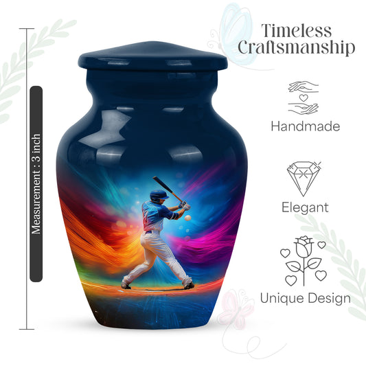 Pastel Blue Baseball Cremation Urn close-up of engraving and surface detail - timeless baseball motif etched into premium metal - mini keepsake memorial for portion of cremation ashes