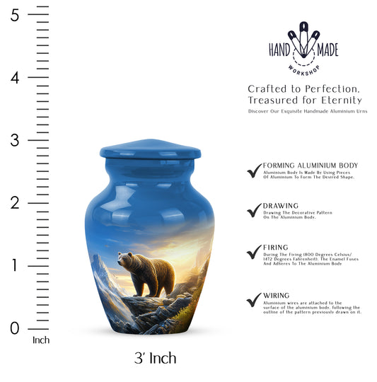 Azure Bear Cremation Urn close-up of engraving and surface detail - timeless bear motif etched into premium metal - mini keepsake memorial for portion of cremation ashes