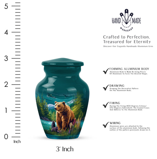 Mystic Teal Bear Cremation Urn close-up of engraving and surface detail - traditional bear engraving with hand-polished finish - mini keepsake memorial for portion of cremation ashes