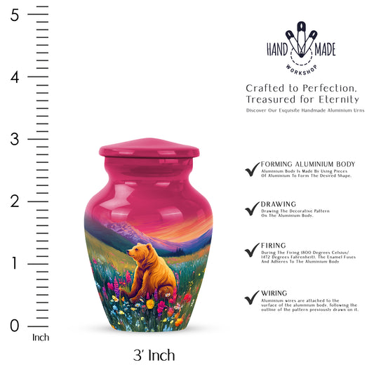 Salmon Pink Bear Cremation Urn close-up of engraving and surface detail - traditional bear engraving with hand-polished finish - mini keepsake memorial for portion of cremation ashes