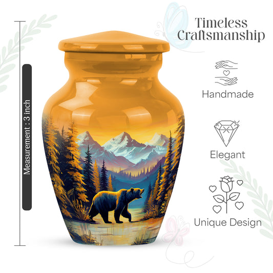 Champagne Gold Bear Cremation Urn close-up of engraving and surface detail - classic sculpted bear pattern on smooth aluminum - mini keepsake memorial for portion of cremation ashes