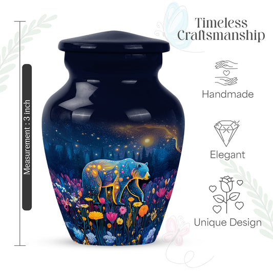 Soft Blue Bear Cremation Urn close-up of engraving and surface detail - traditional bear engraving with hand-polished finish - mini keepsake memorial for portion of cremation ashes