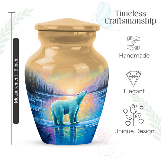 Sunrise Gold Bear Cremation Urn close-up of engraving and surface detail - timeless bear motif etched into premium metal - mini keepsake memorial for portion of cremation ashes