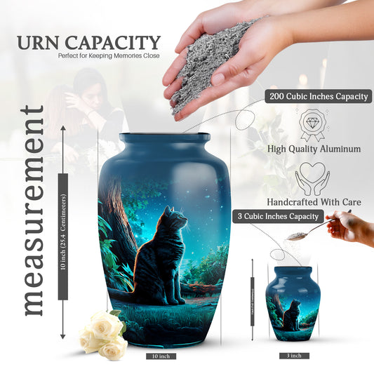 Azure Cat Cremation Urn close-up of engraving and surface detail - classic sculpted cat pattern on smooth aluminum - mini keepsake memorial for portion of cremation ashes