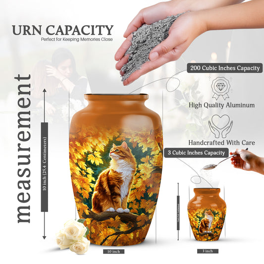 Burnished Gold Cat Cremation Urn close-up of engraving and surface detail - traditional cat engraving with hand-polished finish - mini keepsake memorial for portion of cremation ashes