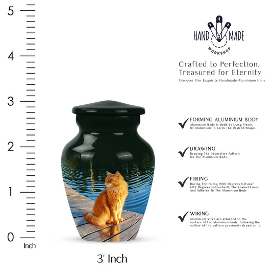 Jade Green Cat Cremation Urn close-up of engraving and surface detail - timeless cat motif etched into premium metal - mini keepsake memorial for portion of cremation ashes