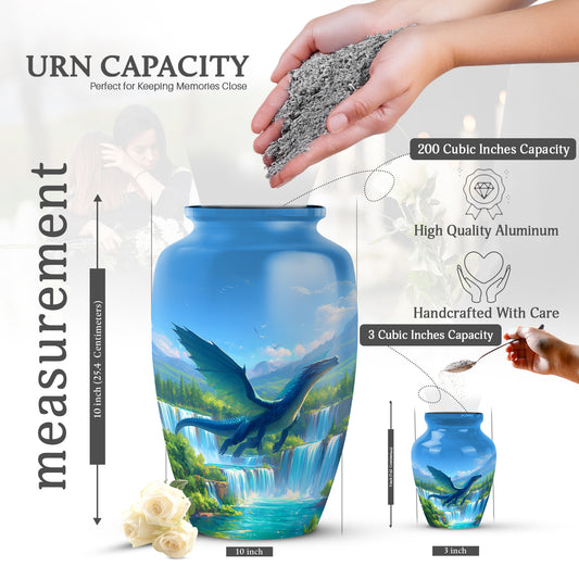 Slate Blue Dragon Cremation Urn close-up of engraving and surface detail - timeless dragon motif etched into premium metal - mini keepsake memorial for portion of cremation ashes