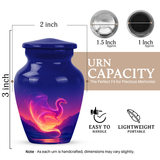 Slate Blue Dragon Cremation Urn close-up of engraving and surface detail - classic sculpted dragon pattern on smooth aluminum - mini keepsake memorial for portion of cremation ashes