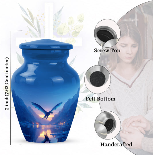 Icy Blue Dragon Cremation Urn close-up of engraving and surface detail - classic sculpted dragon pattern on smooth aluminum - mini keepsake memorial for portion of cremation ashes