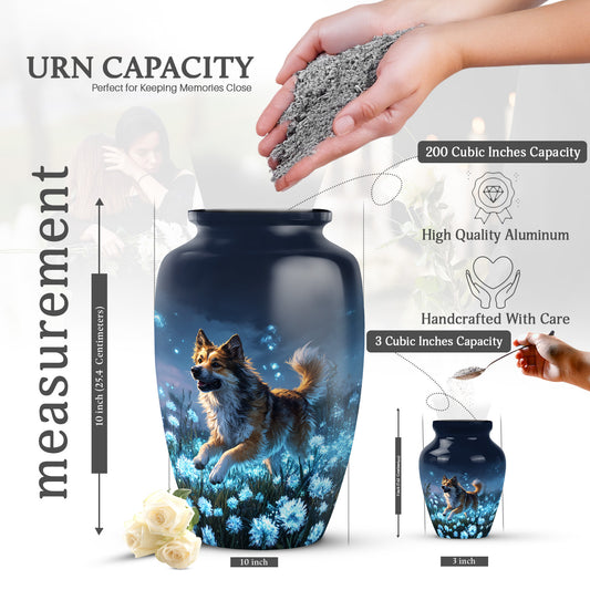 Navy Blue Dog Cremation Urn close-up of engraving and surface detail - classic sculpted dog pattern on smooth aluminum - mini keepsake memorial for portion of cremation ashes