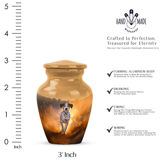 Gilded Gold Dog Cremation Urn close-up of engraving and surface detail - timeless dog motif etched into premium metal - mini keepsake memorial for portion of cremation ashes