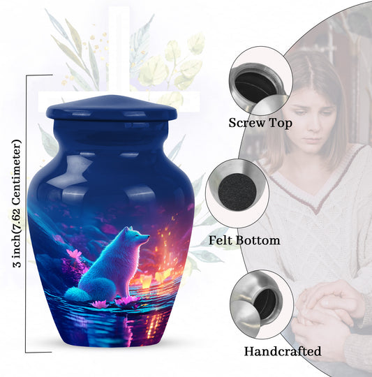 Azure Dog Cremation Urn close-up of engraving and surface detail - classic sculpted dog pattern on smooth aluminum - mini keepsake memorial for portion of cremation ashes