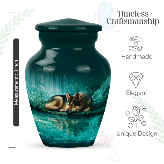 Vivid Teal Dog Cremation Urn close-up of engraving and surface detail - elegant classic dog relief with fine detailing - mini keepsake memorial for portion of cremation ashes