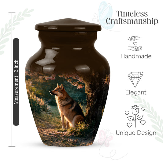 Sunrise Gold Dog Cremation Urn close-up of engraving and surface detail - classic sculpted dog pattern on smooth aluminum - mini keepsake memorial for portion of cremation ashes