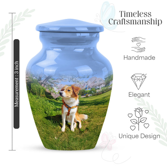 Celestial Blue Dog Cremation Urn close-up of engraving and surface detail - timeless dog motif etched into premium metal - mini keepsake memorial for portion of cremation ashes