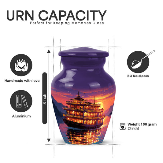 Violet Purple Boat Cremation Urn close-up of engraving and surface detail - traditional boat engraving with hand-polished finish - mini keepsake memorial for portion of cremation ashes