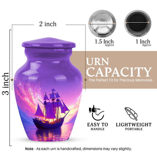Orchid Purple Boat Cremation Urn close-up of engraving and surface detail - timeless boat motif etched into premium metal - mini keepsake memorial for portion of cremation ashes