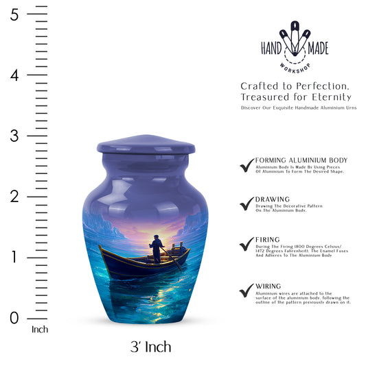 Indigo Boat Cremation Urn close-up of engraving and surface detail - timeless boat motif etched into premium metal - mini keepsake memorial for portion of cremation ashes