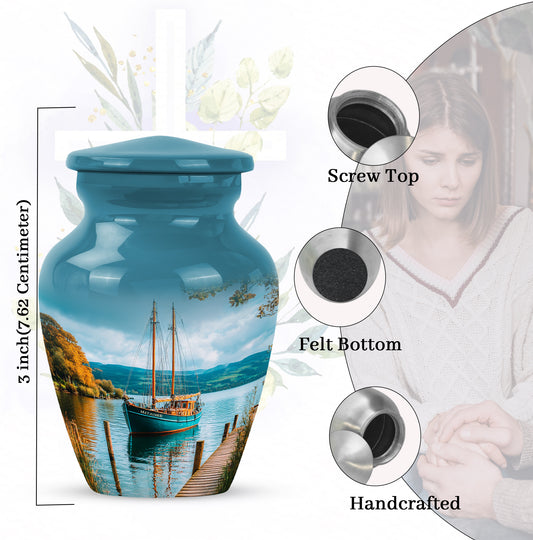 Vivid Teal Boat Cremation Urn close-up of engraving and surface detail - traditional boat engraving with hand-polished finish - mini keepsake memorial for portion of cremation ashes