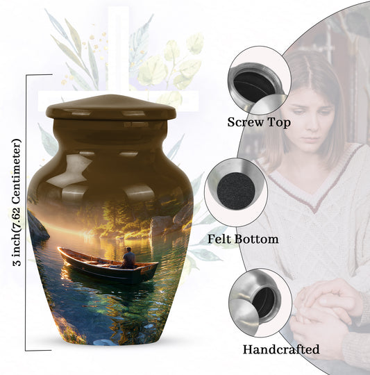Matte Gold Boat Cremation Urn close-up of engraving and surface detail - elegant classic boat relief with fine detailing - mini keepsake memorial for portion of cremation ashes